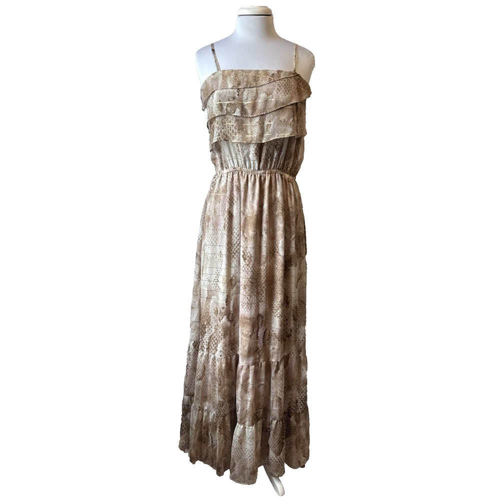 Express Sheer Snake Print Chiffon Maxi Dress Tiered Ruffle Metallic L Boho Chic